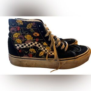 Checker Stripe Floral High-Top Vans - Black with Floral pattern